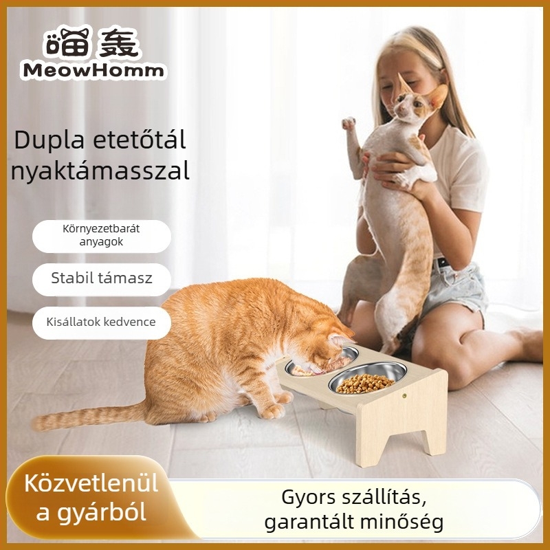 Fából készült etetőállvány rozsdamentes acél dupla tálakkal macskáknak és kutyáknak