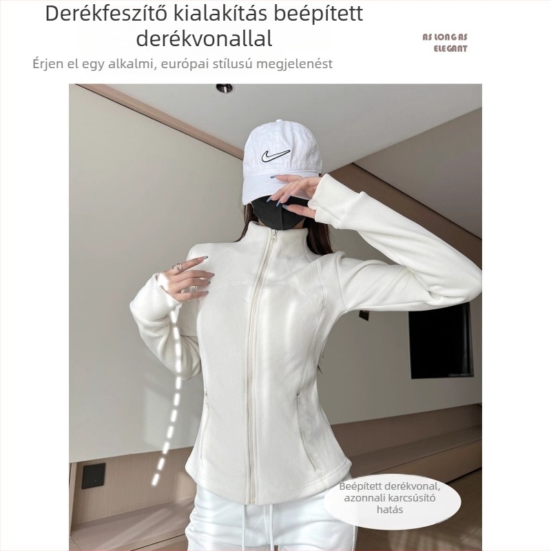 Fehér női kétoldalas fleece felső álló gallérral és záródással, karcsú szabású, őszi-téli viselet