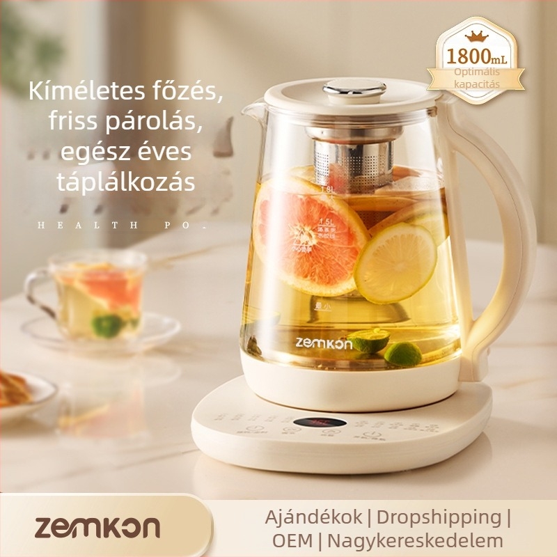 Zemkon egészség teáskanna: többfunkciós hőmérséklet-szabályozó, üvegtest, automatikus teafőzés, 1.5–2 L, 800W