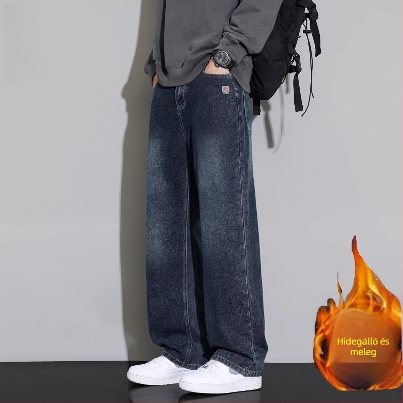 Férfi melegített farmer fleece-béléssel, retro stílus, laza szabás, egyenes fazon, 2025 ősz-tél