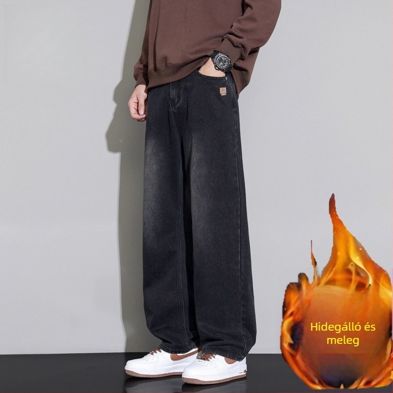 Férfi melegített farmer fleece-béléssel, retro stílus, laza szabás, egyenes fazon, 2025 ősz-tél