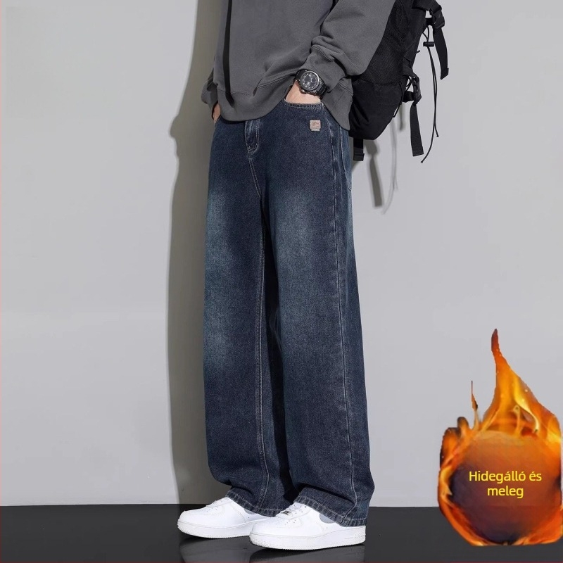 Férfi melegített farmer fleece-béléssel, retro stílus, laza szabás, egyenes fazon, 2025 ősz-tél