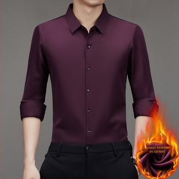 Férfi Mulberry selyem ing, hosszú ujjú, őszi-téli, fleece-bélés, vastag, prémium, üzleti-közéleti stílus, gyűrődésálló, vasalás nélkül