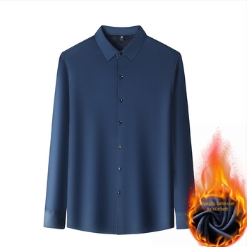 Férfi Mulberry selyem ing, hosszú ujjú, őszi-téli, fleece-bélés, vastag, prémium, üzleti-közéleti stílus, gyűrődésálló, vasalás nélkül