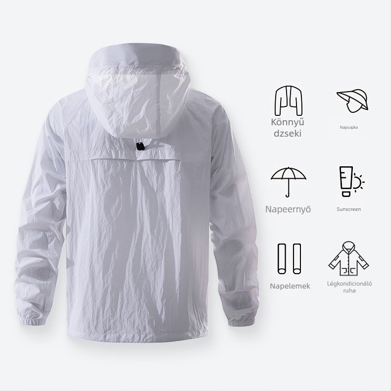 Uniszex kapucnis szabadtéri kabát UPF100+ UV védelem, könnyű nylon anyag, nyári viselet, Ice Silk textúra
