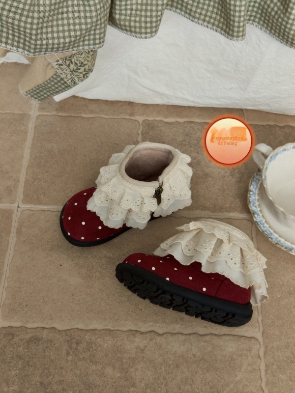 XSHX Candlelight Feast – Lányoknak szóló bőr őszi–téli csizma, retro francia pöttyös minta, oldalsó cipzár, gumírozott csúszásmentes talp