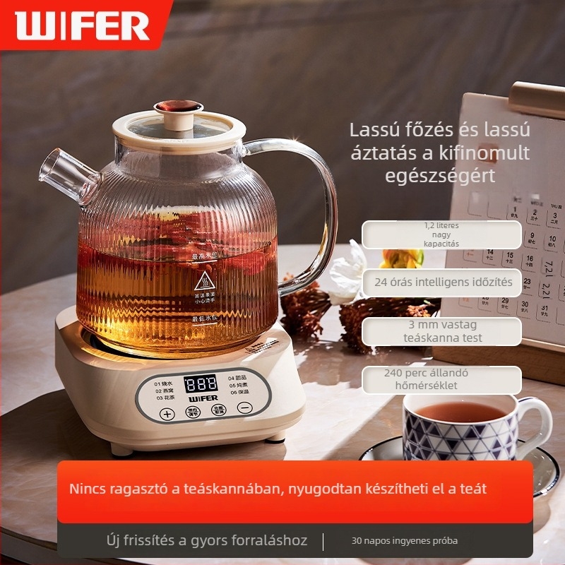 Teljesen üveg egészséges teáskanna egyben főzésre és infúzióra, 1 L, digitális termosztát, 220 V, 400–500 W, levehető fedél
