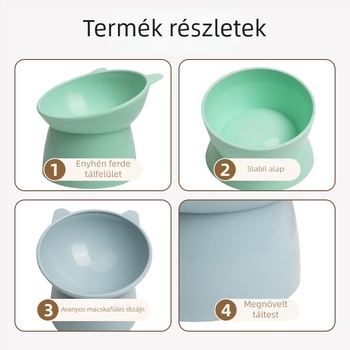 Emelt macska etető tál ferde peremmel, kiöntés elleni, műanyag tál állvánnyal