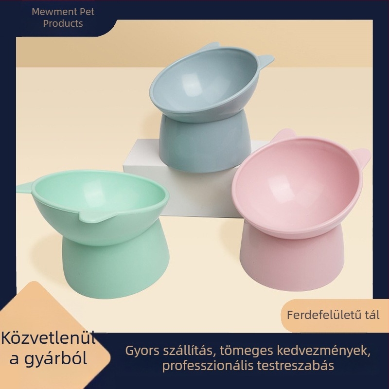 Emelt macska etető tál ferde peremmel, kiöntés elleni, műanyag tál állvánnyal