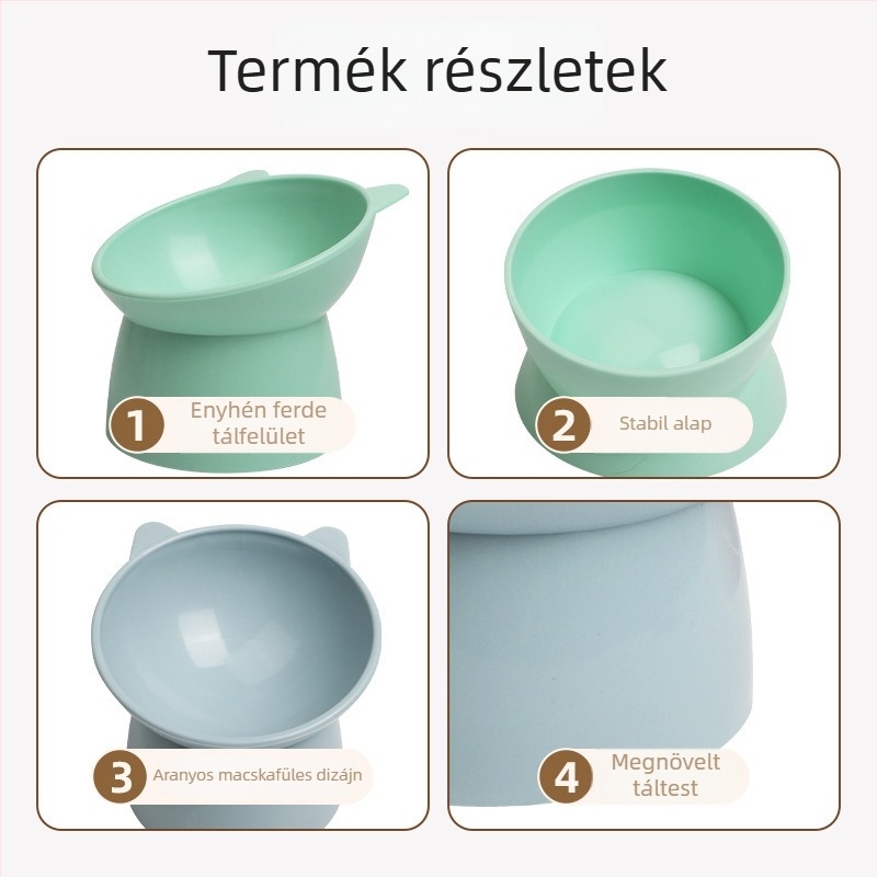 Emelt macska etető tál ferde peremmel, kiöntés elleni, műanyag tál állvánnyal