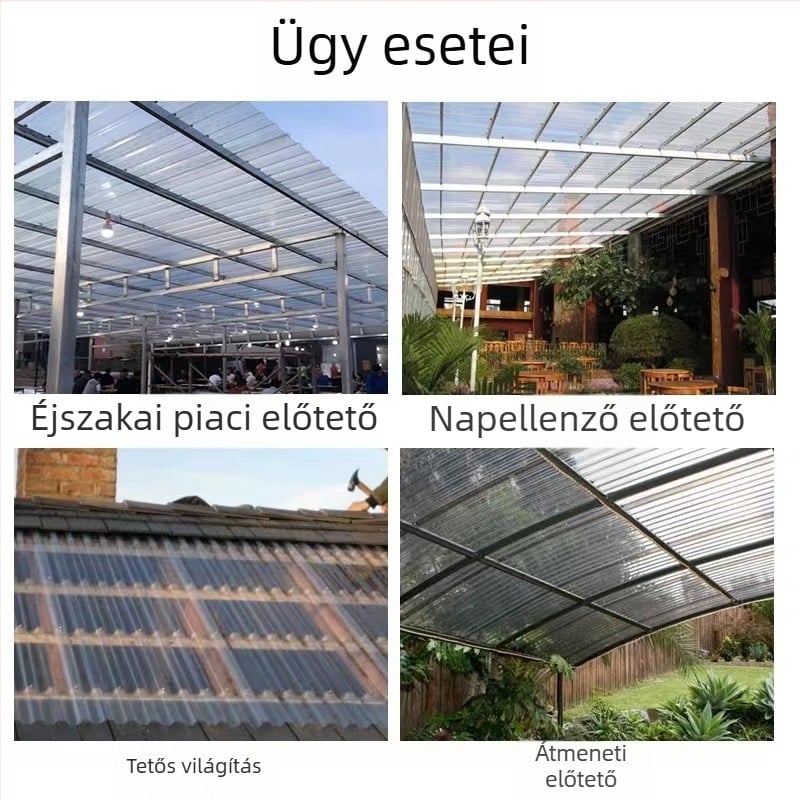 Polikarbonát világító tetőlemezek, átlátszó tetőpanelek, gyári tetőfedések, esővédő tető, hullámos lemezek, fényes lemezek, mezőgazdasági üvegházak, 840 trapézlemezek