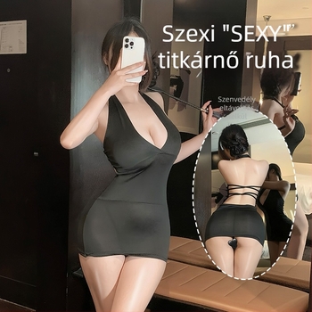 Plusz méretű szexi fehérnemű csípőre simuló rövid szoknyával, mély V-nyakú, alacsony kivágású, szerepjátékhoz való egyenruha