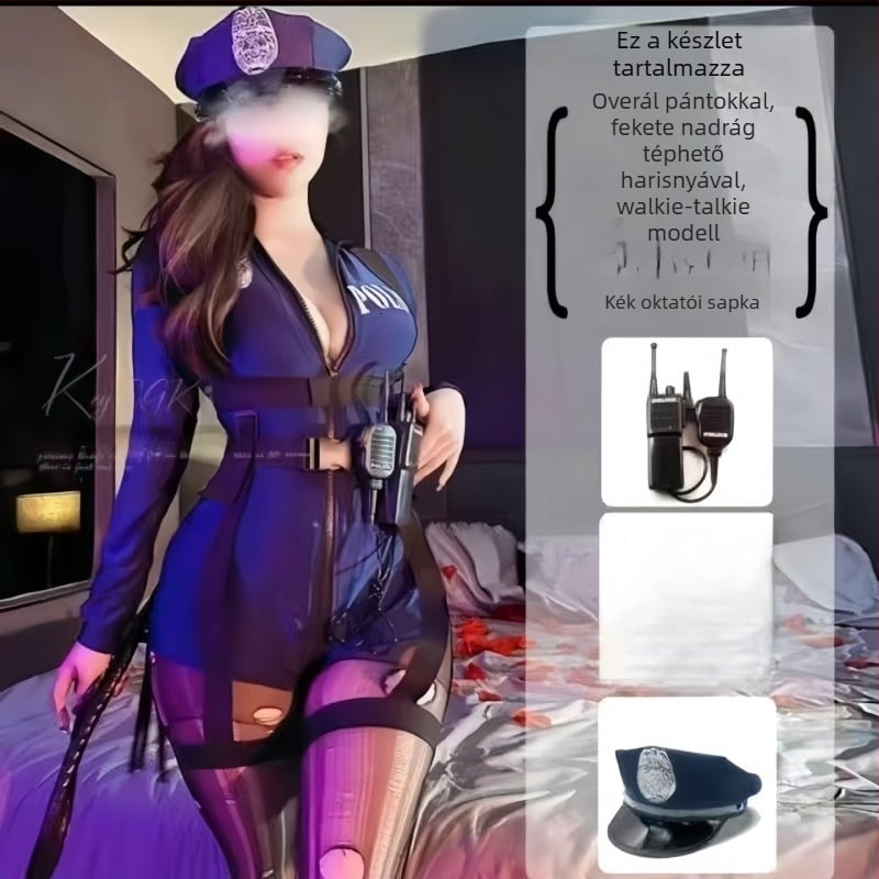 Pluszméretű szexi rendőrnő cosplay klubkosztüm, királynő-stílusú egyrészes body