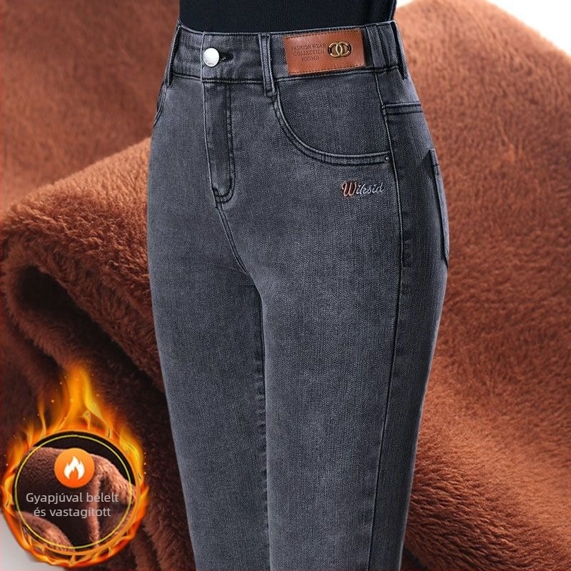 Rugalmas fleece-béléssel bélelt mom jeans, magas derekú, vastag, meleg, egyenes szabású, plusz méret, téli denim
