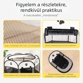Zárt macska- és kutyakennel sátor nyolcszögletű kerítéssel, szülési tér