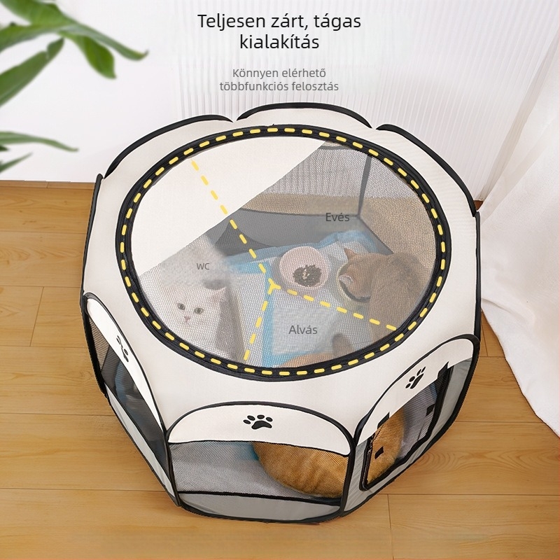 Zárt macska- és kutyakennel sátor nyolcszögletű kerítéssel, szülési tér