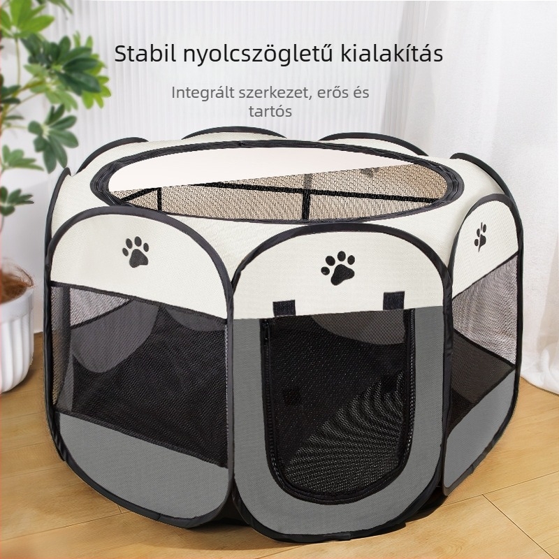 Zárt macska- és kutyakennel sátor nyolcszögletű kerítéssel, szülési tér