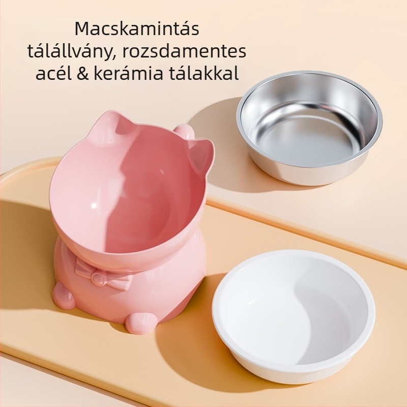 Macska tál dőlt szájú nyakvédővel, anti-spill rozsdamentes acél etető- és ivó tál