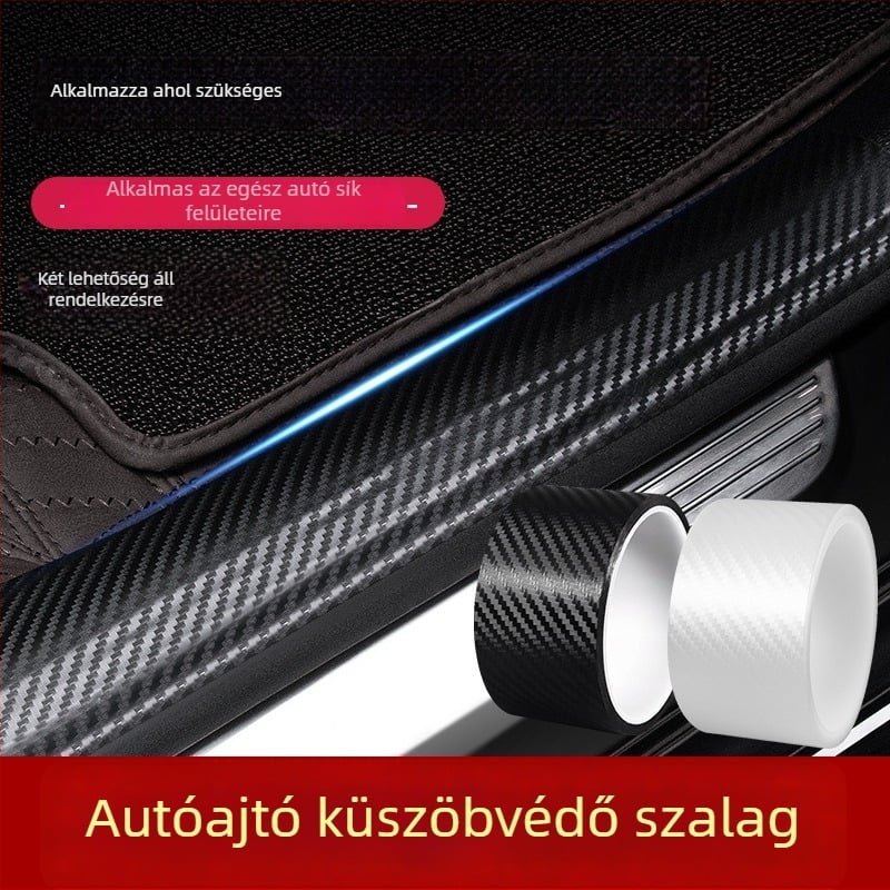 Szénszálas textúrájú egyoldalas küszöbvédő matrica – autókhoz, univerzális, maradványmentes, ütközésvédő csík