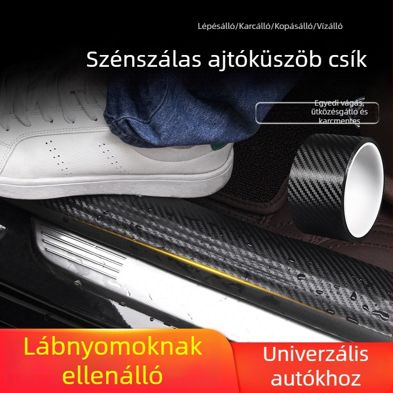 Szénszálas textúrájú egyoldalas küszöbvédő matrica – autókhoz, univerzális, maradványmentes, ütközésvédő csík
