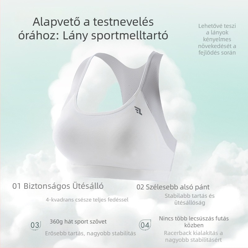 Pamutból készült, légáteresztő sportmelltartó lányoknak, gimnáziumi korosztálynak, merevítés nélkül, teljes kosár