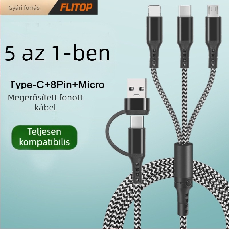 Nylon szövésű, többcsatlakozós kábel: Lightning, Micro-USB és USB-C; PD gyors töltés; hossz 1-2 m; kompatibil iPhone és Huawei eszközökkel.