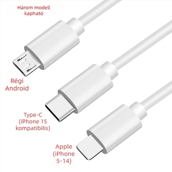 GARLONG 3-in-1 töltőkábel USB-C, Lightning és Micro-USB, gyors töltés, 1–2 m, fehér