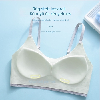 Lányoknak készült 3/4 kosaras melltartó-vest, fő anyag nylon, kosár pamutból formázott, bélés spandex 30%-ig, nincs merevítő, fixált dupla vállpántok, lélegző tartás és hátsó formázás
