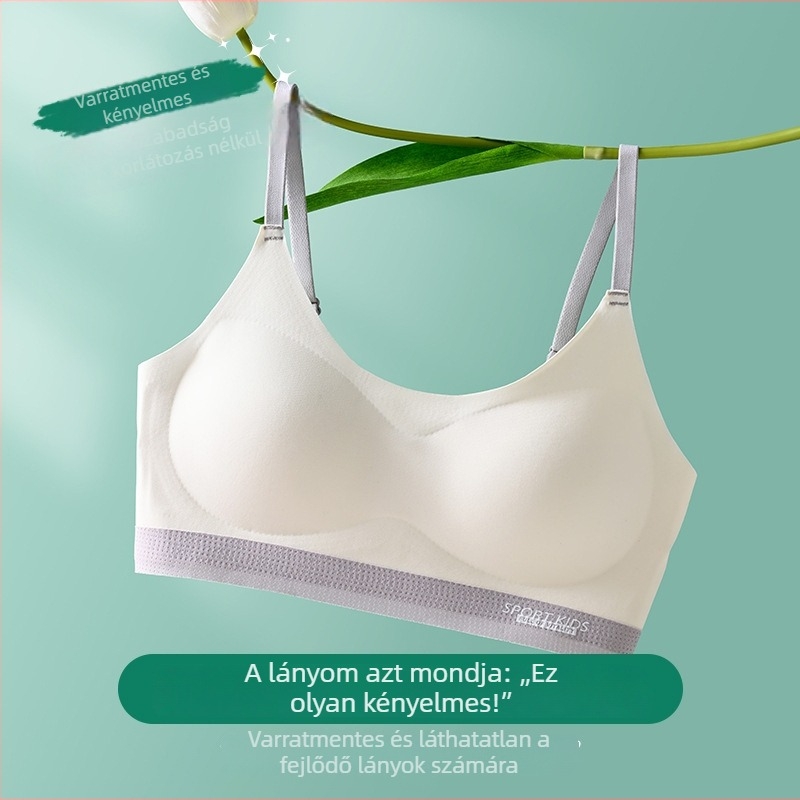 Lányoknak készült 3/4 kosaras melltartó-vest, fő anyag nylon, kosár pamutból formázott, bélés spandex 30%-ig, nincs merevítő, fixált dupla vállpántok, lélegző tartás és hátsó formázás