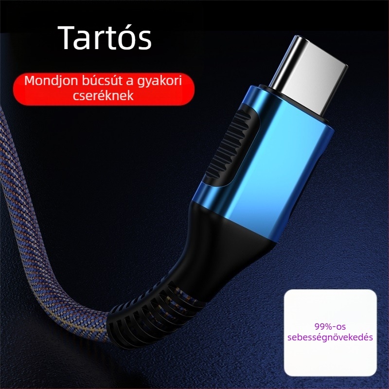 Denim USB töltőkábel iPhone‑hoz (Lightning) és USB‑C eszközökhöz, hossz 1 m/2 m/3 m.