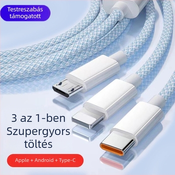 66W 3 az 1-ben kötött töltőkábel Lightning, USB-C és Micro USB csatlakozókkal