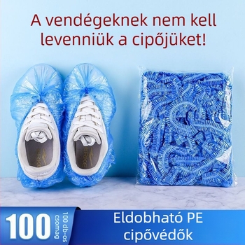 Egyszer használatos cipővédő huzatok, vastagított, átlátszó, rózsaszín és kék, vízálló, beltéri használatra.