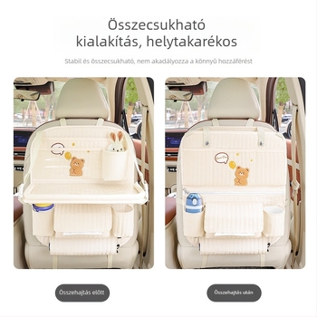 Autó hátsó üléséhez rögzíthető összecsukható tálcás asztal, tároló zseb, lógó szervező és szemetes