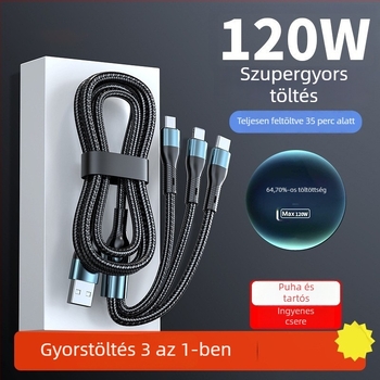 120W-os gyorstöltésű, 3-in-1 többfejű töltőkábel Lightning, Micro-USB és Type-C csatlakozókkal, iPhone, Huawei és USB-C eszközökhöz, hossz 1-2 m, fekete