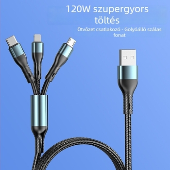120W-os gyorstöltésű, 3-in-1 többfejű töltőkábel Lightning, Micro-USB és Type-C csatlakozókkal, iPhone, Huawei és USB-C eszközökhöz, hossz 1-2 m, fekete
