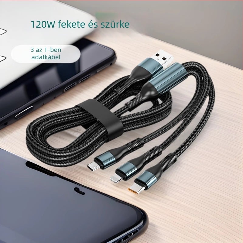K8 3in1 töltőkábel, 120W gyors töltés, Type-C, Lightning és Micro USB csatlakozókkal, kompatibil Apple és Huawei