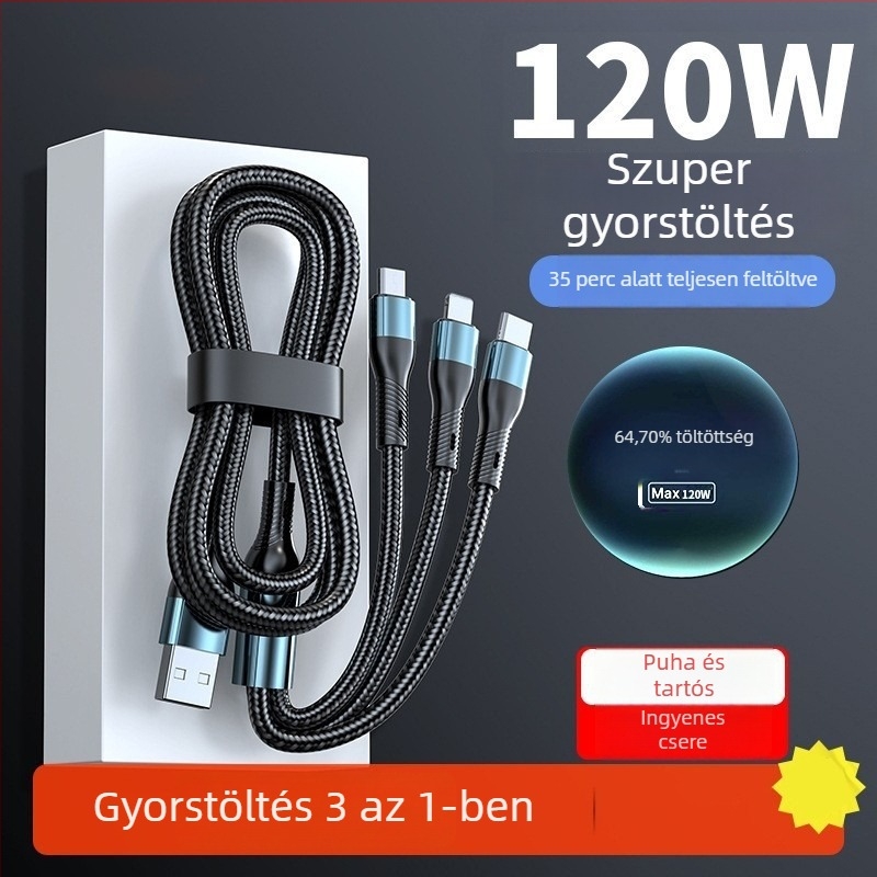 K8 3in1 töltőkábel, 120W gyors töltés, Type-C, Lightning és Micro USB csatlakozókkal, kompatibil Apple és Huawei