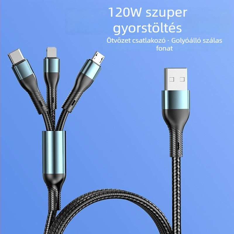 K8 3in1 töltőkábel, 120W gyors töltés, Type-C, Lightning és Micro USB csatlakozókkal, kompatibil Apple és Huawei