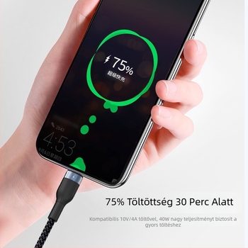 Szálas gyors töltésű adatkábel három csatlakozóval: Lightning, Micro USB és USB-C, kompatibil Apple, Huawei és Xiaomi készülékekkel, hossz 0.5–1 m