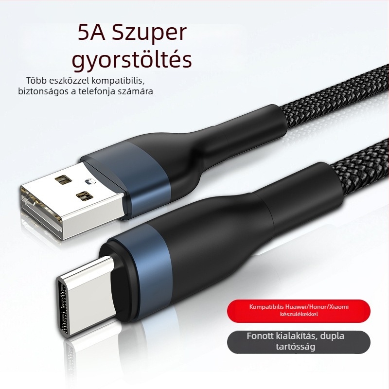 Szálas gyors töltésű adatkábel három csatlakozóval: Lightning, Micro USB és USB-C, kompatibil Apple, Huawei és Xiaomi készülékekkel, hossz 0.5–1 m