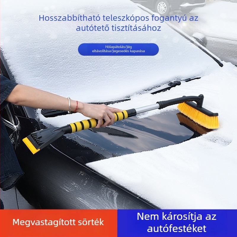 Autóhoz való hóeltávolító eszköz: hólapát, hóseprű, szélvédő felolvasztó és jégkaparó a téli tisztításhoz.