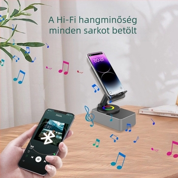 4 az 1-ben töltőállvány tabletekhez és telefonokhoz, vezeték nélküli Bluetooth hangszóró, asztali 360°-os forgás