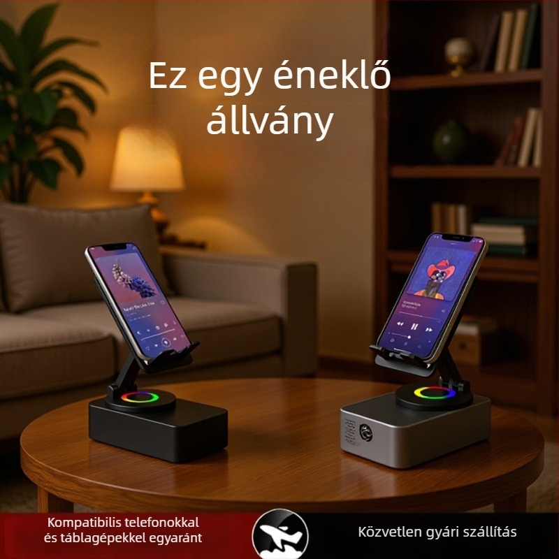 4 az 1-ben töltőállvány tabletekhez és telefonokhoz, vezeték nélküli Bluetooth hangszóró, asztali 360°-os forgás