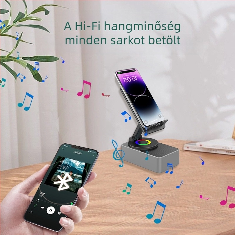 4 az 1-ben töltőállvány tabletekhez és telefonokhoz, vezeték nélküli Bluetooth hangszóró, asztali 360°-os forgás