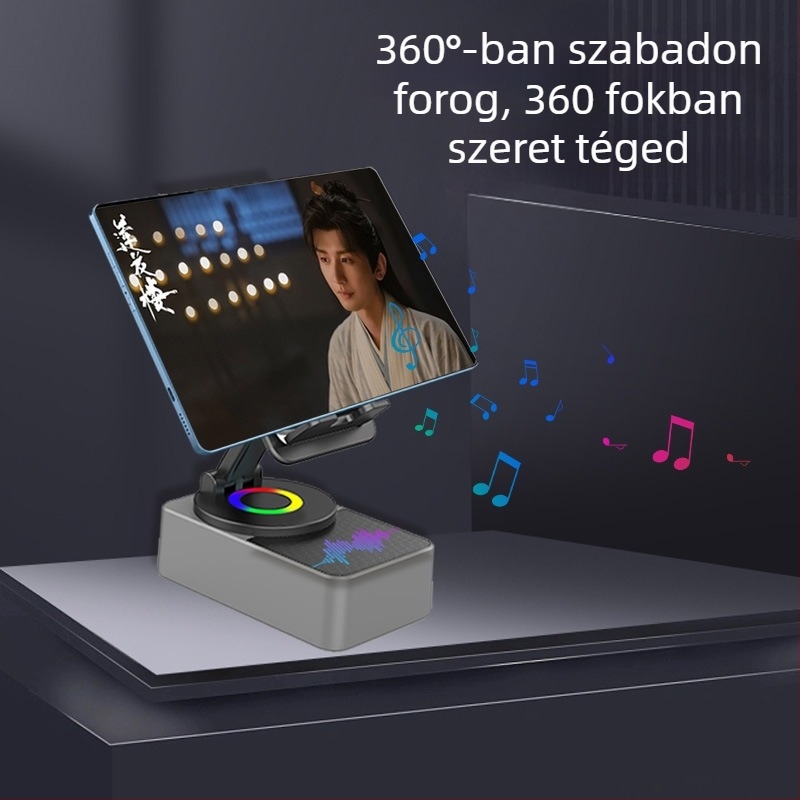 4 az 1-ben töltőállvány tabletekhez és telefonokhoz, vezeték nélküli Bluetooth hangszóró, asztali 360°-os forgás