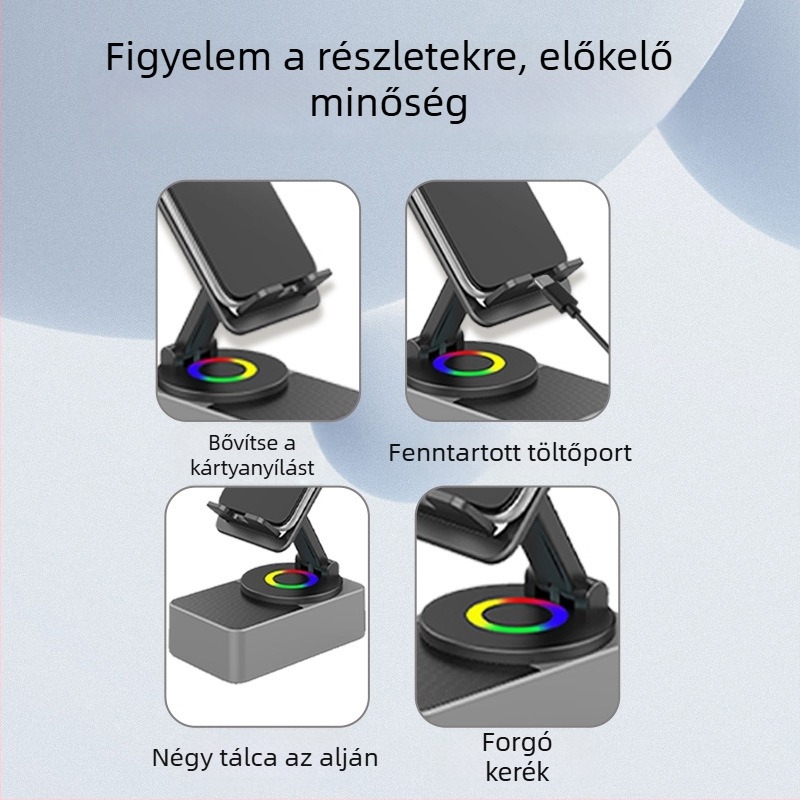 4 az 1-ben töltőállvány tabletekhez és telefonokhoz, vezeték nélküli Bluetooth hangszóró, asztali 360°-os forgás