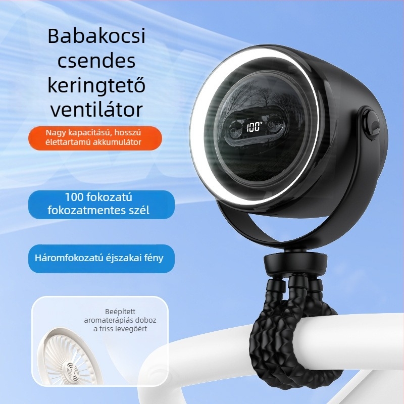 Bebikocsihoz készült polip alakú ventilátor aromaterápiával, 3 sebességfokozat, halk USB újratölthető mini ventilátor éjszakai fénnyel és szorítás elleni védelemmel