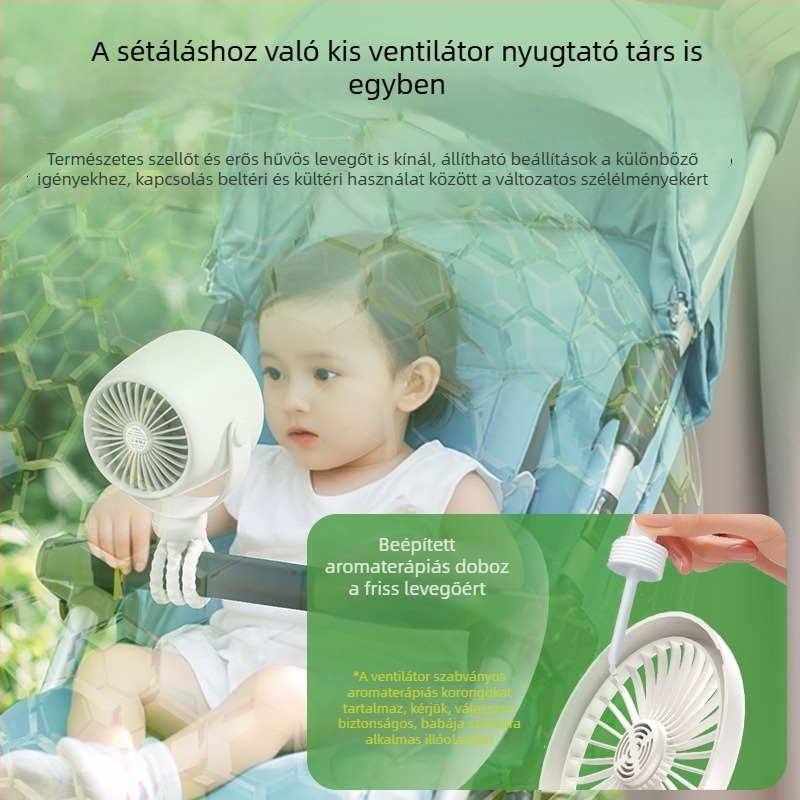 Bebikocsihoz készült polip alakú ventilátor aromaterápiával, 3 sebességfokozat, halk USB újratölthető mini ventilátor éjszakai fénnyel és szorítás elleni védelemmel