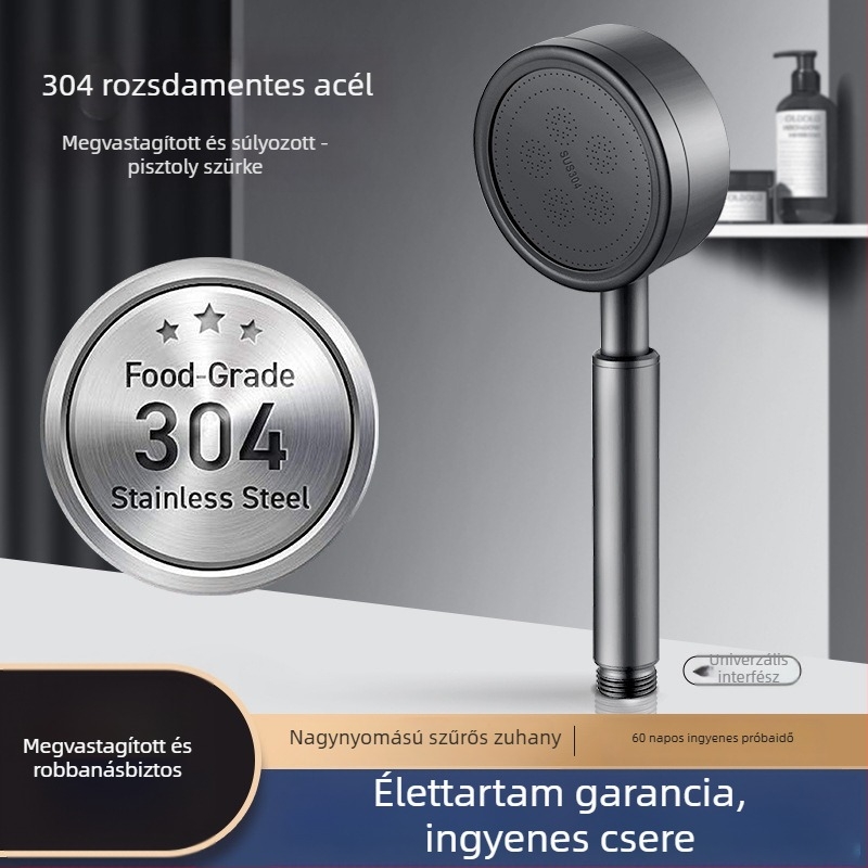 Rozsdamentes acél nyomásos zuhanyfej szűrővel, le- és tisztítható, teljesen fémből, csiszolt felülettel