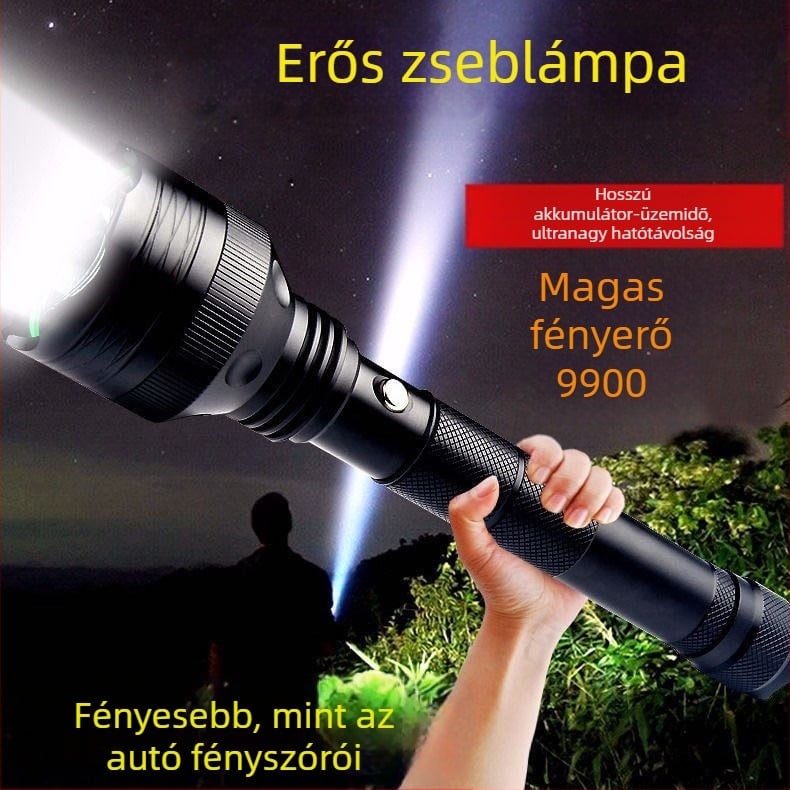 Újra feltölthető kültéri zseblámpa ultranagy LED-fénnyel, hosszú hatótáv 200–500 m, alumínium test, 6800 mAh, taktikai kézi zseblámpa